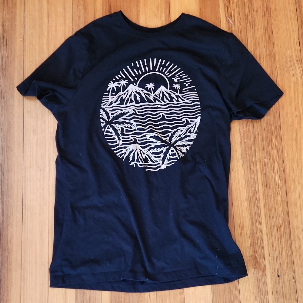 Cool Black Tee with Tropical Island Sunset Design